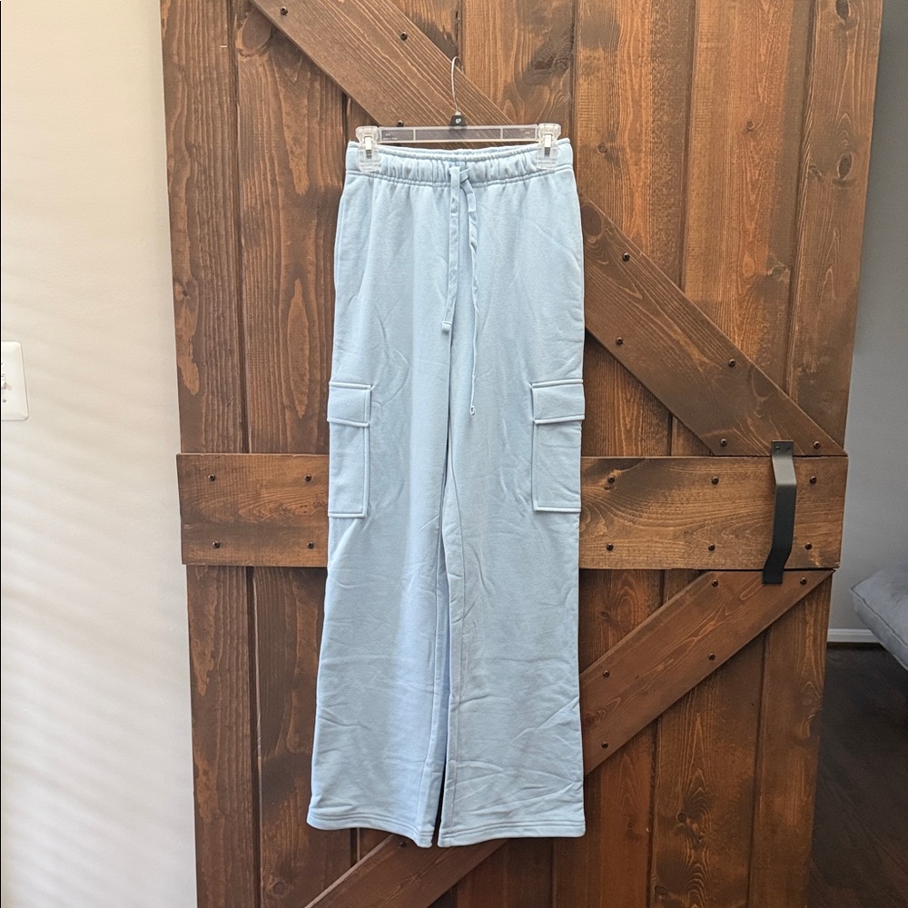 NWOT- Light Blue Cargo Pants Size Small Waist: 13 1/2 stretch to 16” Inseam: 31”